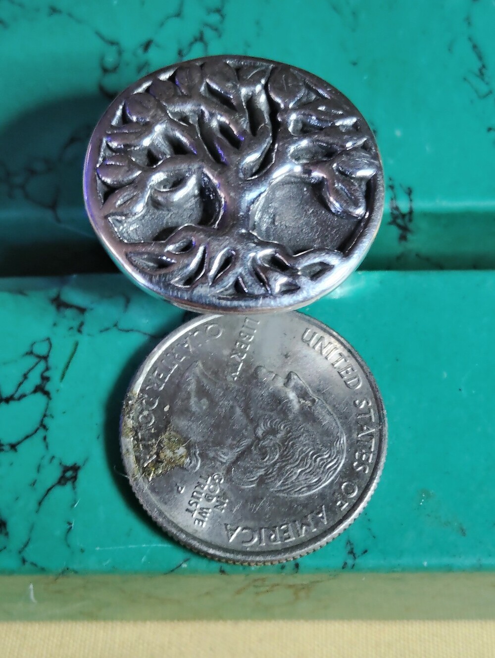 BOLD, STERLING *TREE OF LIFE RING*. NEARLY QUARTER IN  SIZE, SIZE IS 6 & 10